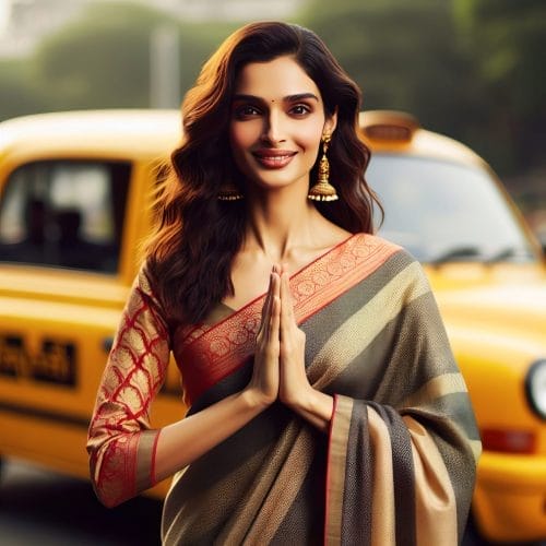 A beautiful woman in a sari standing in front of a taxi joined palms and a smile, saying "Namaste" as a respectful greeting.